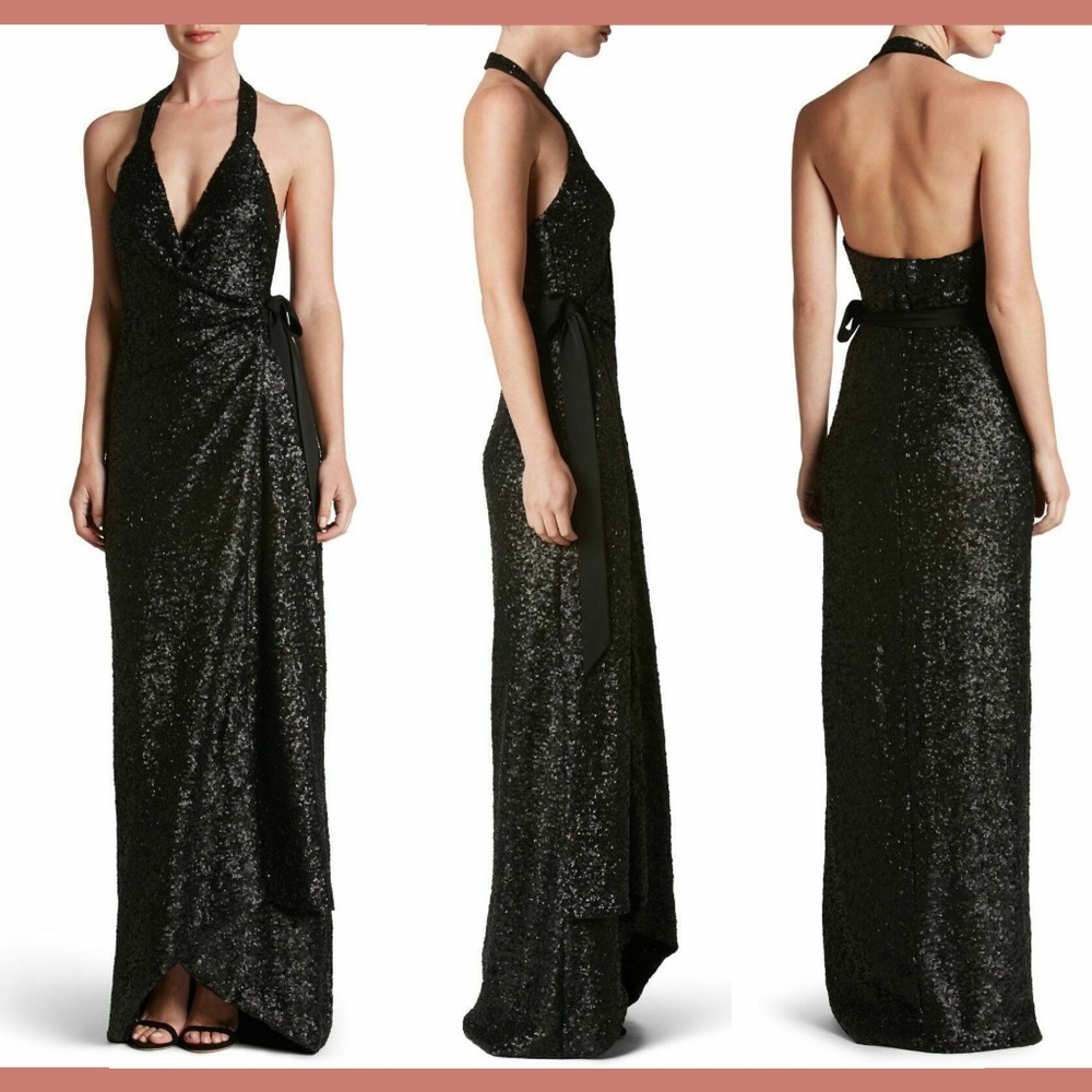 NWT‎ $308 Dress the Population Giselle Sequin Wrap Gown Black [SZ Small ]